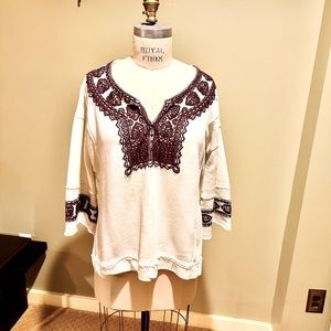 We the Free knit top. “Santa Maria” Maroon embroidery on off white.